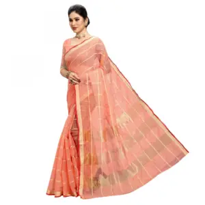 Women's Kota Doria Cotton Checked? Saree with Blouse – Peach
