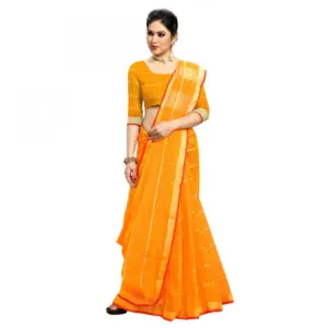 Women's Kota Doria Cotton Checked? Saree with Blouse – Yellow