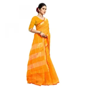 Women's Kota Doria Cotton Checked? Saree with Blouse – Yellow