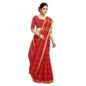 Women's Kota Doria Cotton Checked? Saree with Blouse – Red