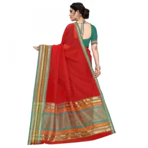 Women's Kota Doria Cotton Solid Saree with Blouse – Red