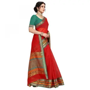 Women's Kota Doria Cotton Solid Saree with Blouse – Red