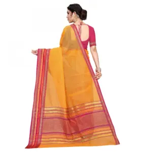 Women's Kota Doria Cotton Solid Saree with Blouse – Gold