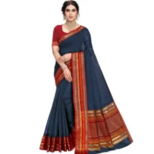 Women's Kota Doria Cotton Solid Saree with Blouse – Navy Blue