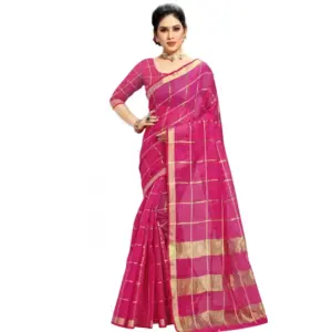 Women's Kota Doria Cotton Checked? Saree with Blouse – Rani