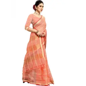 Women's Kota Doria Cotton Checked? Saree with Blouse – Peach