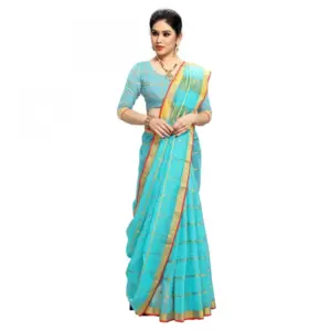 Women's Kota Doria Cotton Checked? Saree with Blouse – Sky Blue