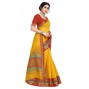 Women's Kota Doria Cotton Solid Saree with Blouse – Yellow