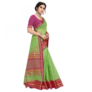 Women's Kota Doria Cotton Solid Saree with Blouse – Light Green