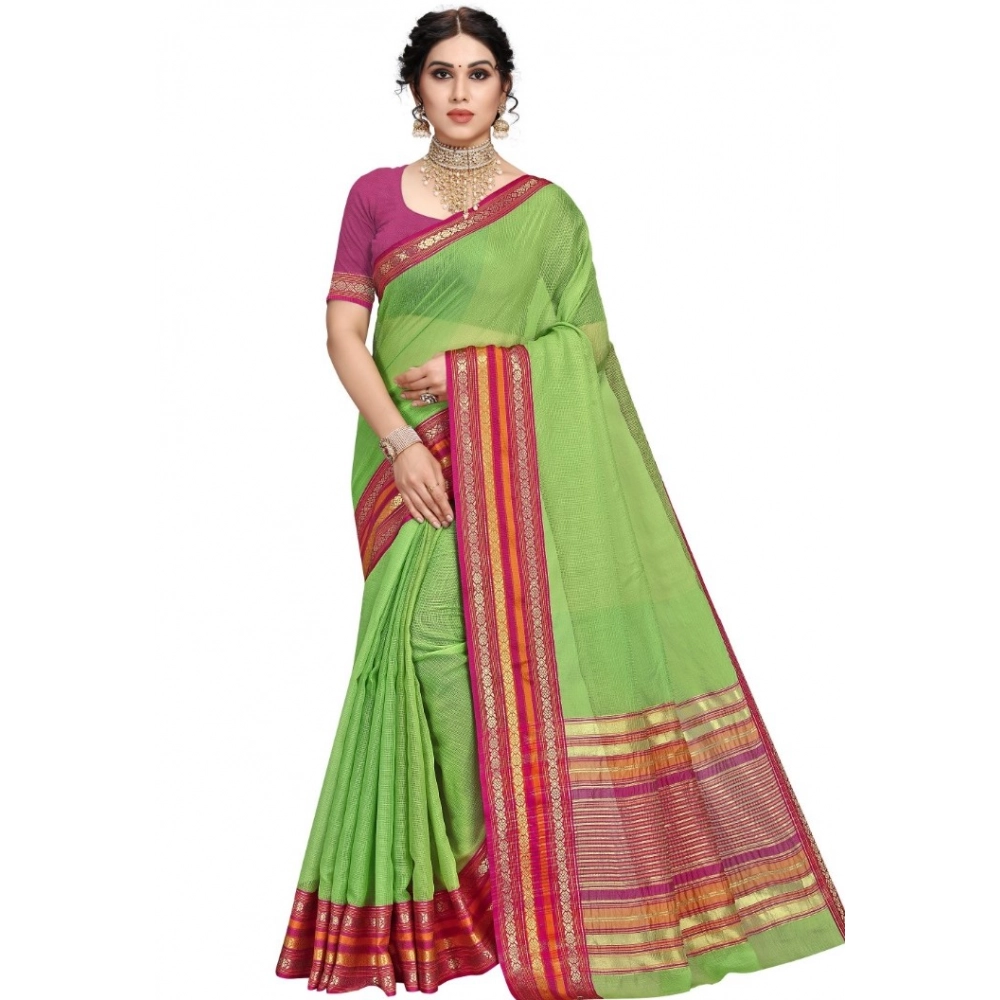 Women's Kota Doria Cotton Solid Saree with Blouse – Light Green