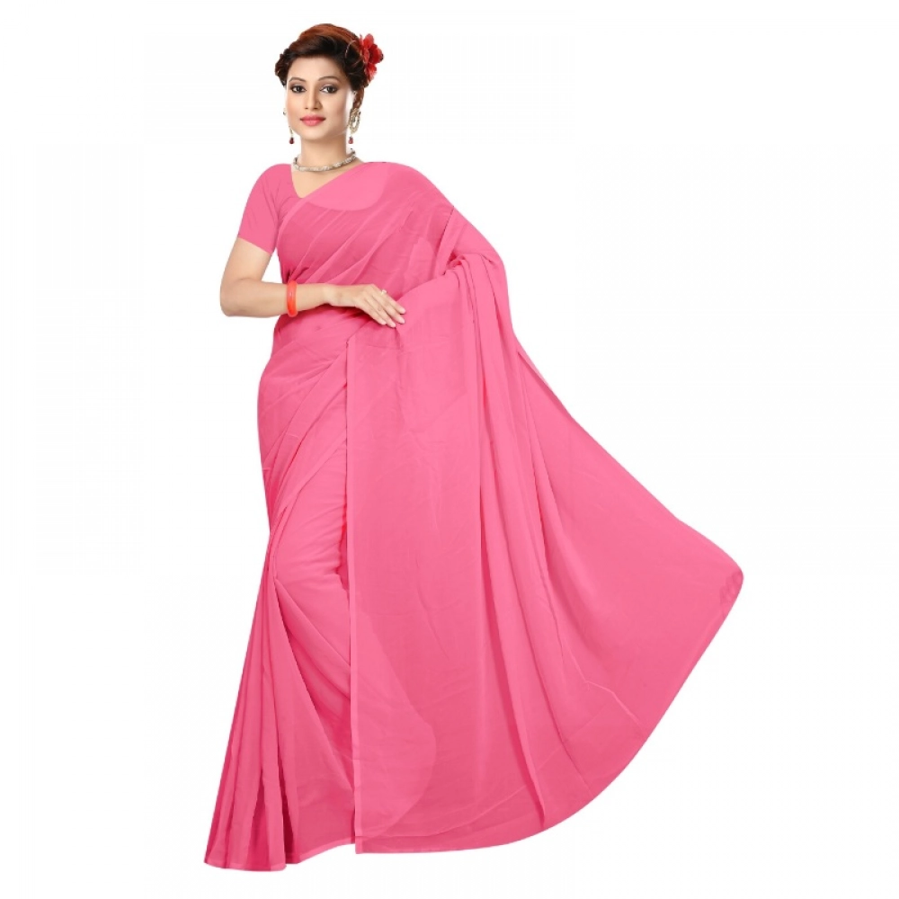 Women's Georgette Solid Saree with Blouse – Pink