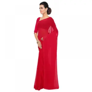 Women's Georgette Solid Saree with Blouse – Red