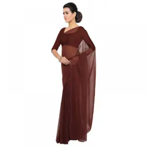 Women's Georgette Solid Saree with Blouse – Coffee