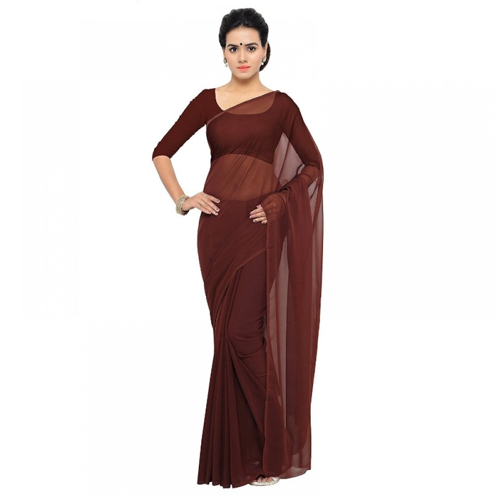 Women's Georgette Solid Saree with Blouse – Coffee
