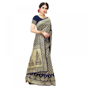 Women's Jacquard Silk Weaving Saree with Blouse – Navy Blue