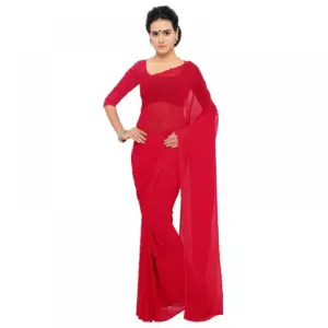 Women's Georgette Solid Saree with Blouse – Red