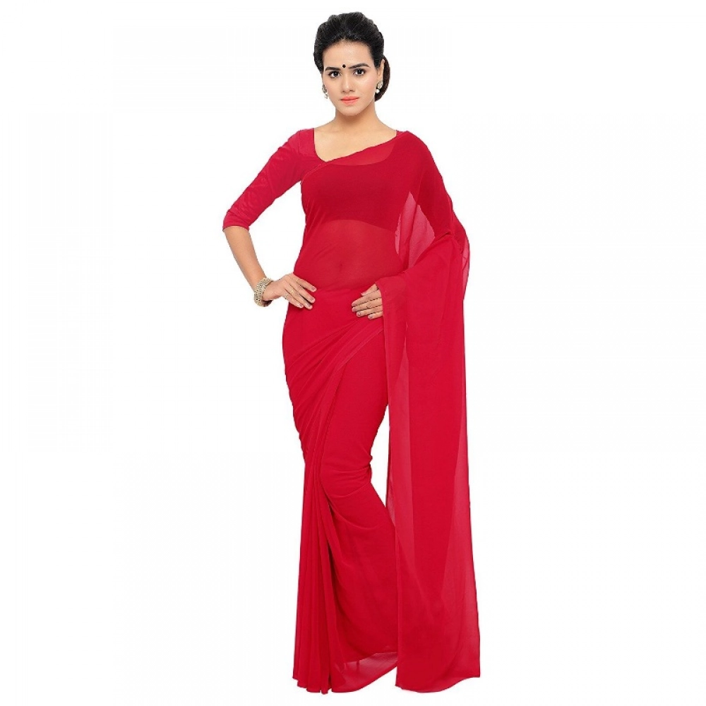 Women's Georgette Solid Saree with Blouse – Red