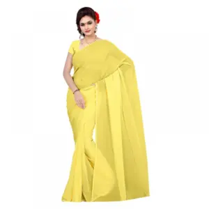Women's Georgette Solid Saree with Blouse – Lemon Yellow