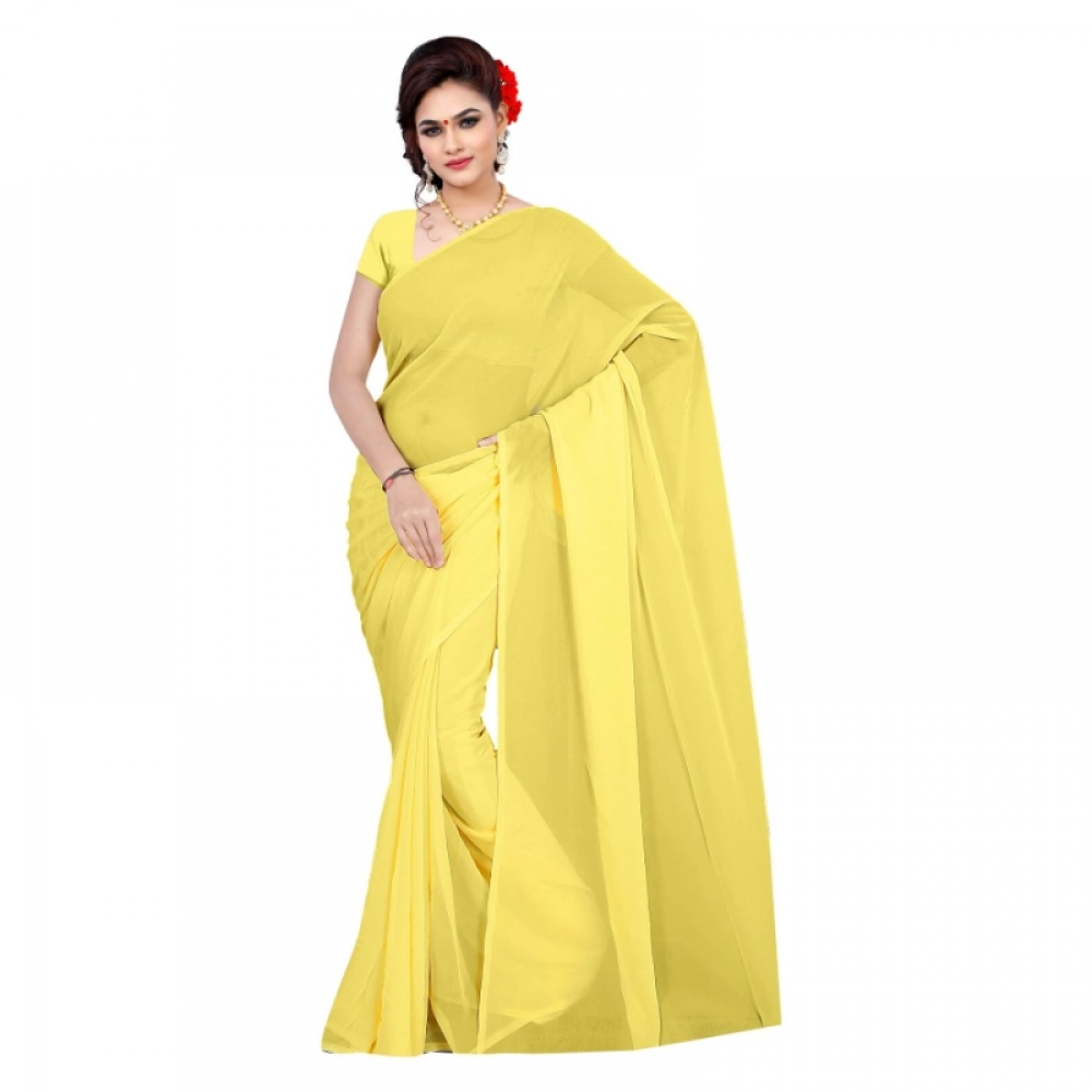 Women's Georgette Solid Saree with Blouse – Lemon Yellow