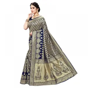 Women's Jacquard Silk Weaving Saree with Blouse – Navy Blue