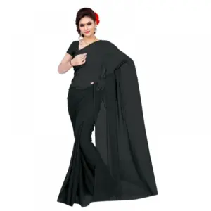 Women's Georgette Solid Saree with Blouse – Black