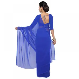 Women's Georgette Solid Saree with Blouse – Royal Blue