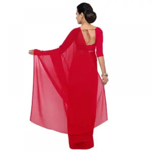 Women's Georgette Solid Saree with Blouse – Red