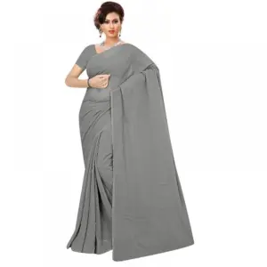 Women's Georgette Solid Saree with Blouse – Grey