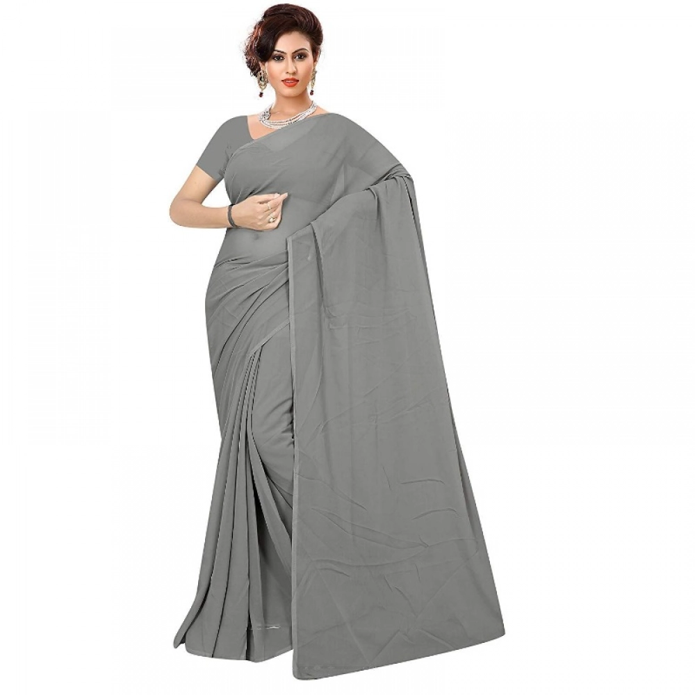Women's Georgette Solid Saree with Blouse – Grey