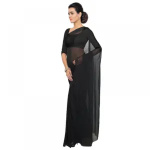 Women's Georgette Solid Saree with Blouse – Black