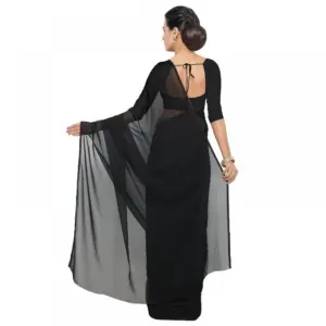 Women's Georgette Solid Saree with Blouse – Black