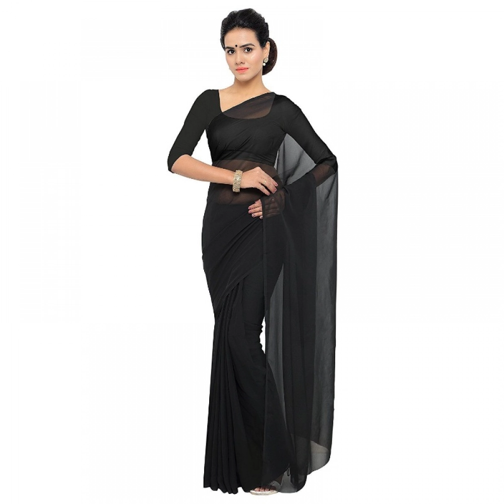 Women's Georgette Solid Saree with Blouse – Black