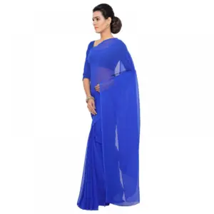 Women's Georgette Solid Saree with Blouse – Royal Blue
