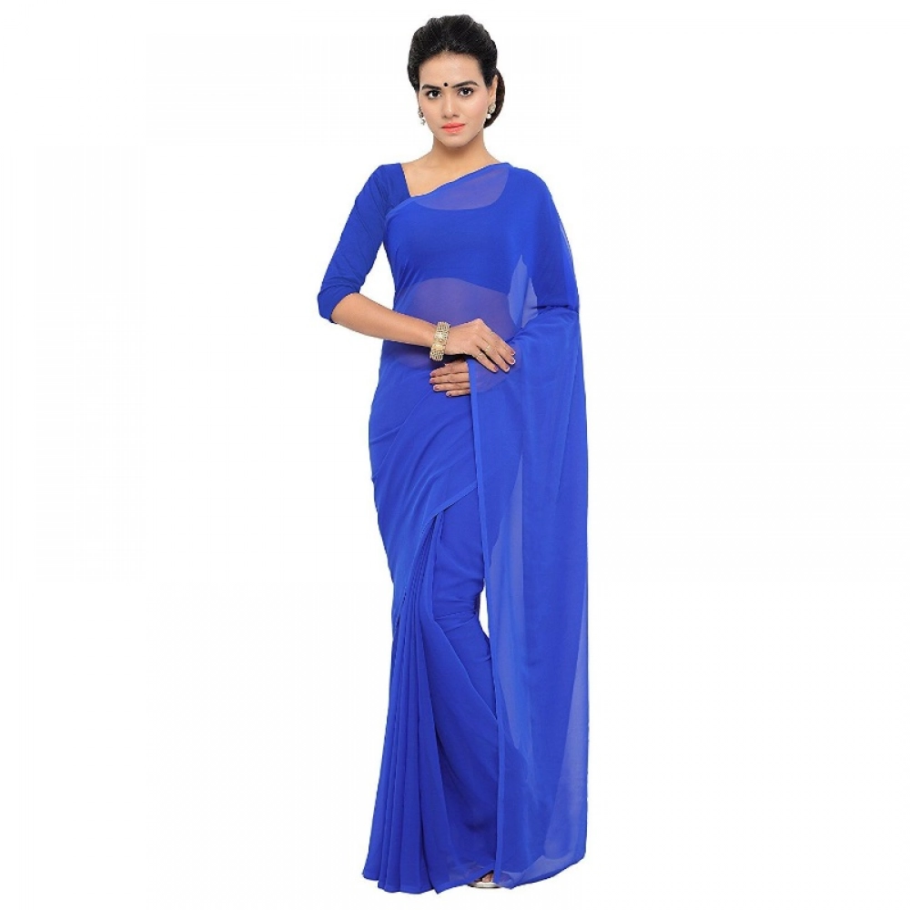 Women's Georgette Solid Saree with Blouse – Royal Blue