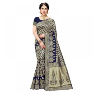 Women's Jacquard Silk Weaving Saree with Blouse – Navy Blue