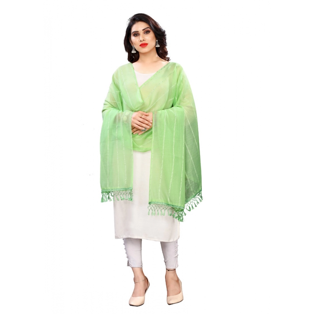 Generic Women's Cotton Silk Strips Printed Dupatta (Parrot Green, Length:2-2.4 mtr)