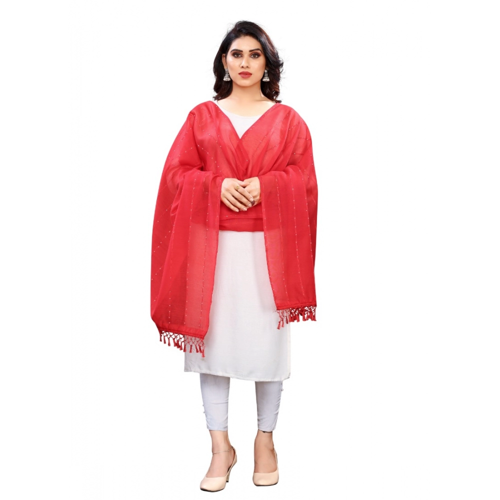 Generic Women's Cotton Silk Strips Printed Dupatta (Red, Length:2-2.4 mtr)