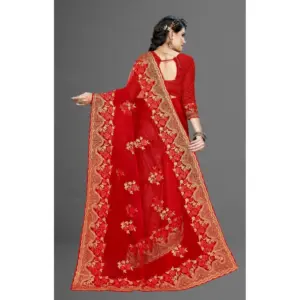 Women's Net Embroidered Saree with Blouse – Red