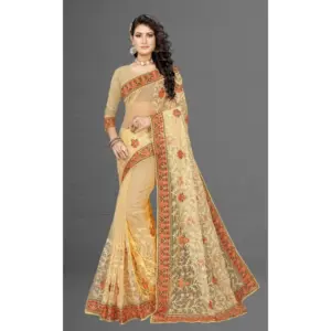 Women's Net Embroidered Saree with Blouse – Chiku