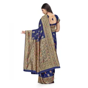 Women's Banarasi Silk Printed Saree with Blouse – Navy Blue