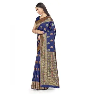 Women's Banarasi Silk Printed Saree with Blouse – Navy Blue