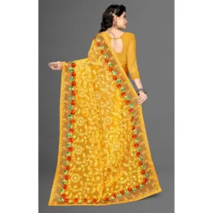 Women's Net Embroidered Saree with Blouse – Yellow