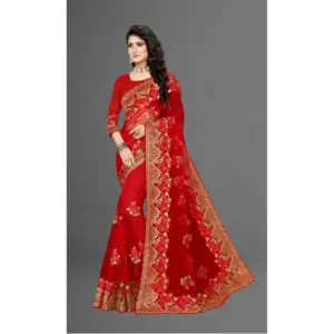 Women's Net Embroidered Saree with Blouse – Red