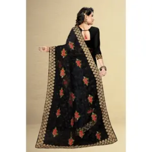 Women's Net Embroidered Saree with Blouse – Black