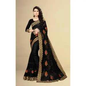 Women's Net Embroidered Saree with Blouse – Black