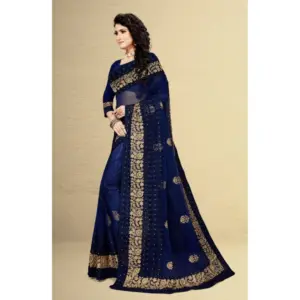 Women's Net Embroidered Saree with Blouse – Navy Blue