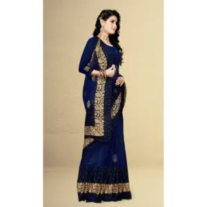 Women's Net Embroidered Saree with Blouse – Navy Blue