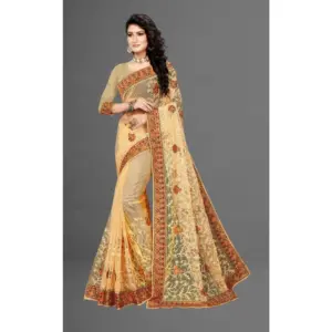 Women's Net Embroidered Saree with Blouse – Chiku