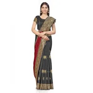 Women's Banarasi Silk Printed Saree with Blouse – Black, Red