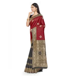Women's Banarasi Silk Printed Saree with Blouse – Black, Red